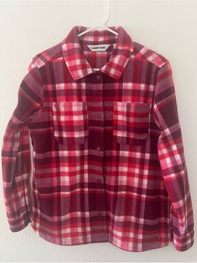 Lands' End Red and White Plaid Snap-Front Fleece Shirt Jacket